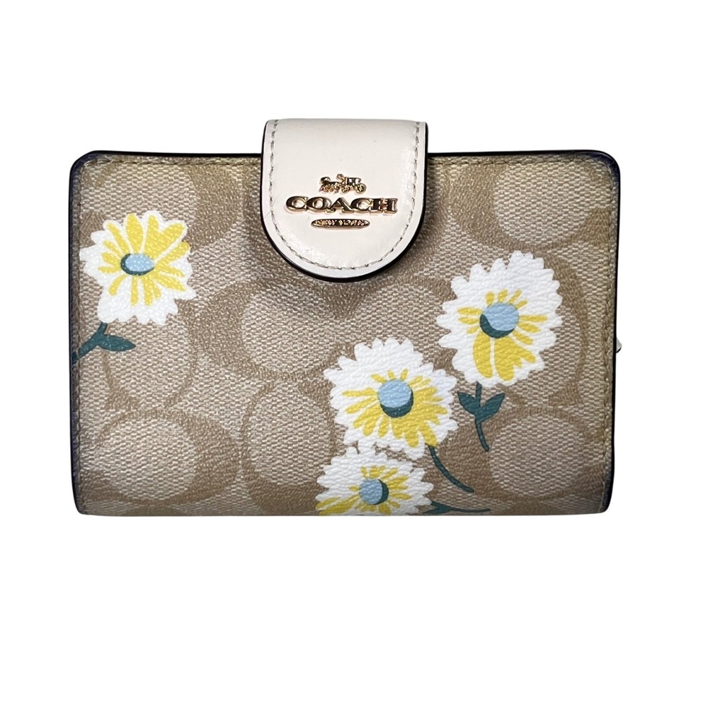 Coach Corner Zip Wallet Daisy Print Signature Canvas Bifold Beige Yellow Floral
